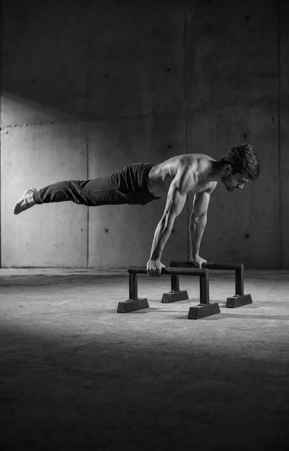 Editorial placeholder image of a calisthenics athlete performing a full planche on parallettes